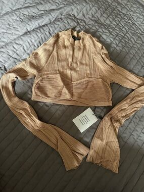 Michael Costello Beige Ribbed Long-Sleeve Crop Top